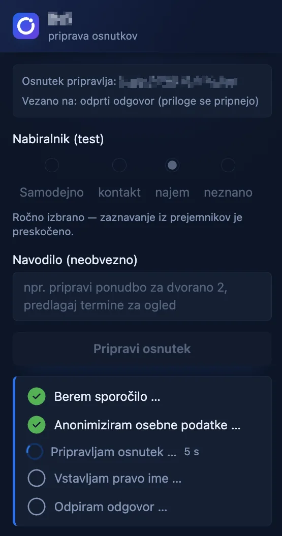 Stranski panel v Outlooku: izbira vrste povpraševanja, navodilo in potek priprave osnutka